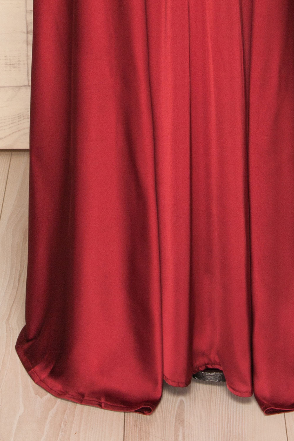 Roksem Bourgogne Burgundy Satin A-Line Gown | La Petite Garçonne bottom close-up