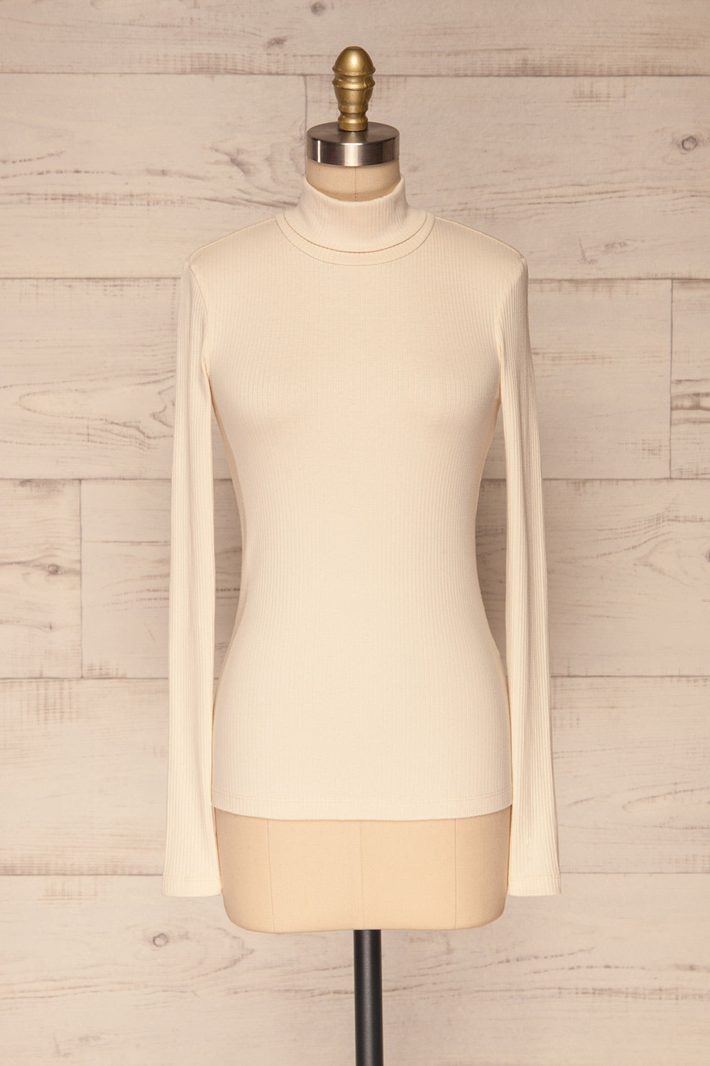 Roust Cream Cotton Ribbed Turtleneck Top front view | La Petite Garçonne