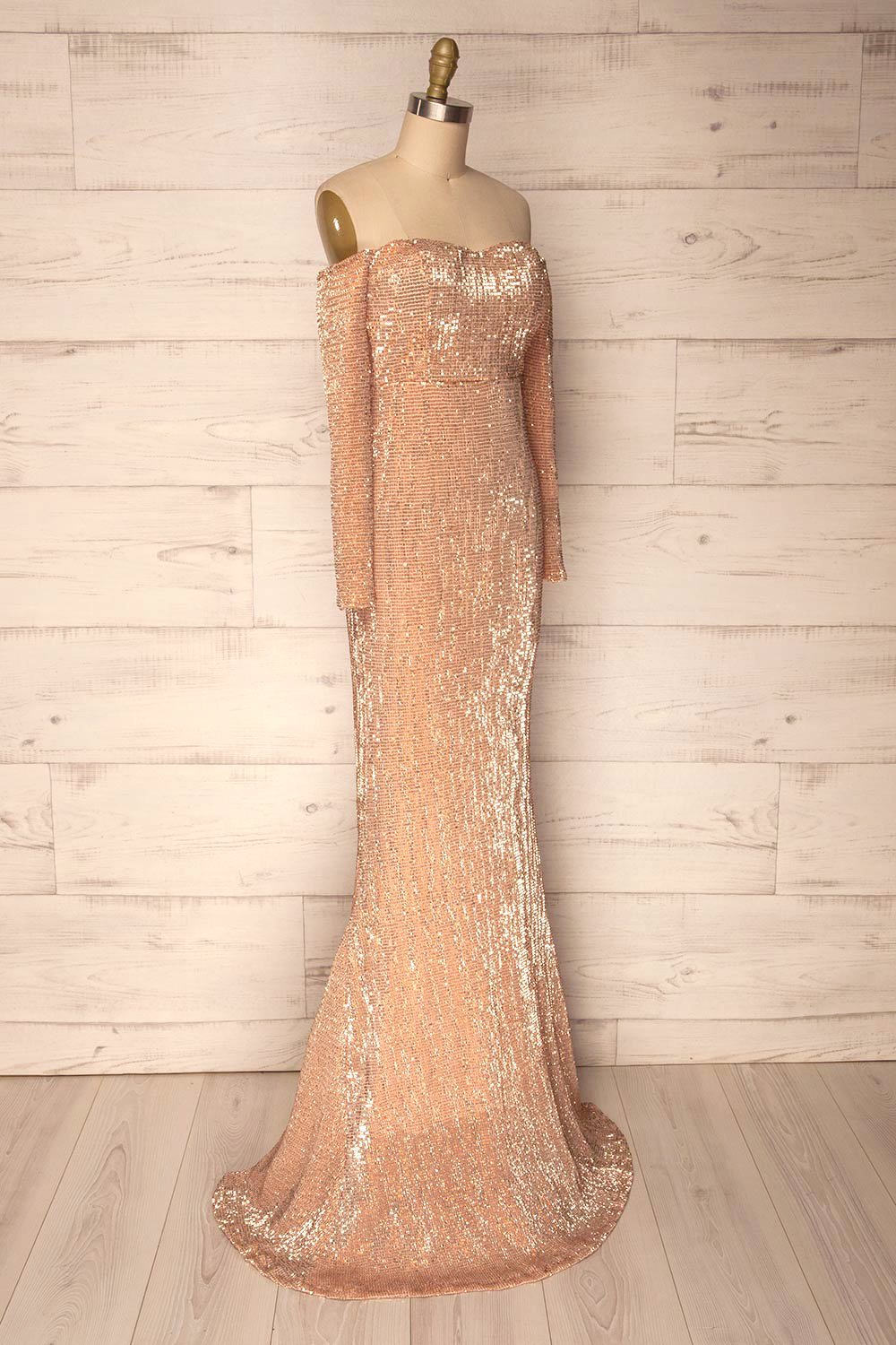 Ryn Champagne Bronze Sequin Bustier Mermaid Gown | La Petite Garçonne side view