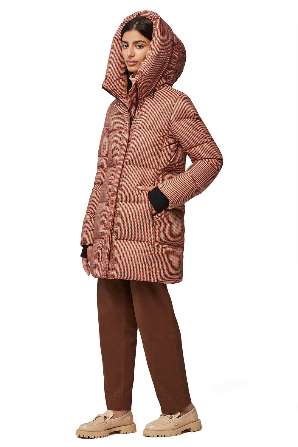 Sylvie Houndstooth Mid-Length Puffer Coat | La petite garçonne SYLVIE hood on model