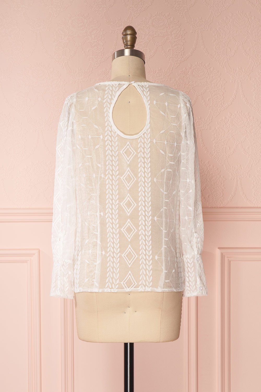 Sakuzo White Transparent Long Sleeve Embroidery Top | Boutique 1861