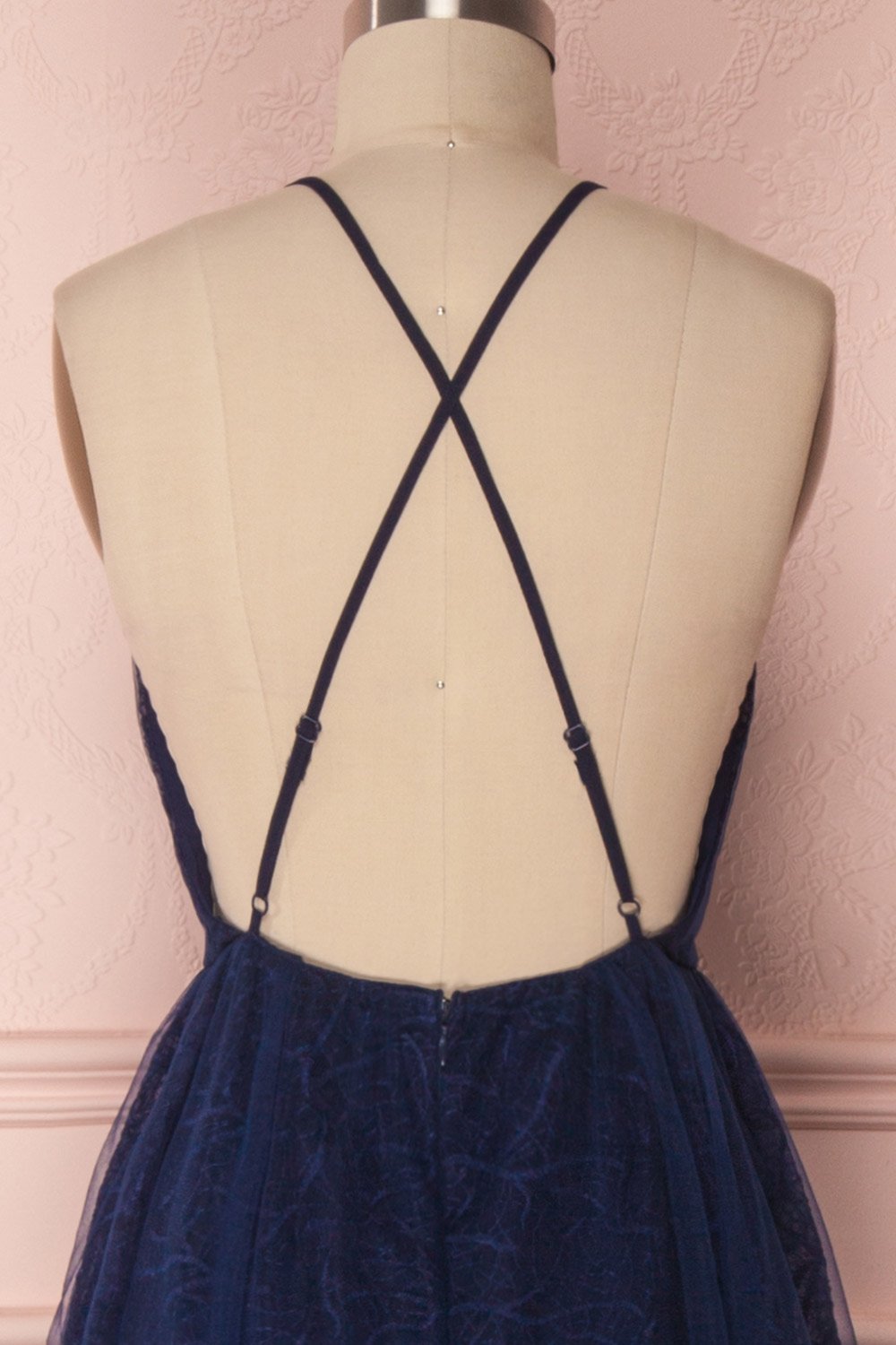 Samadi Ocean Navy Blue Embroidered Maxi Gown back close-up | Boutique 1861