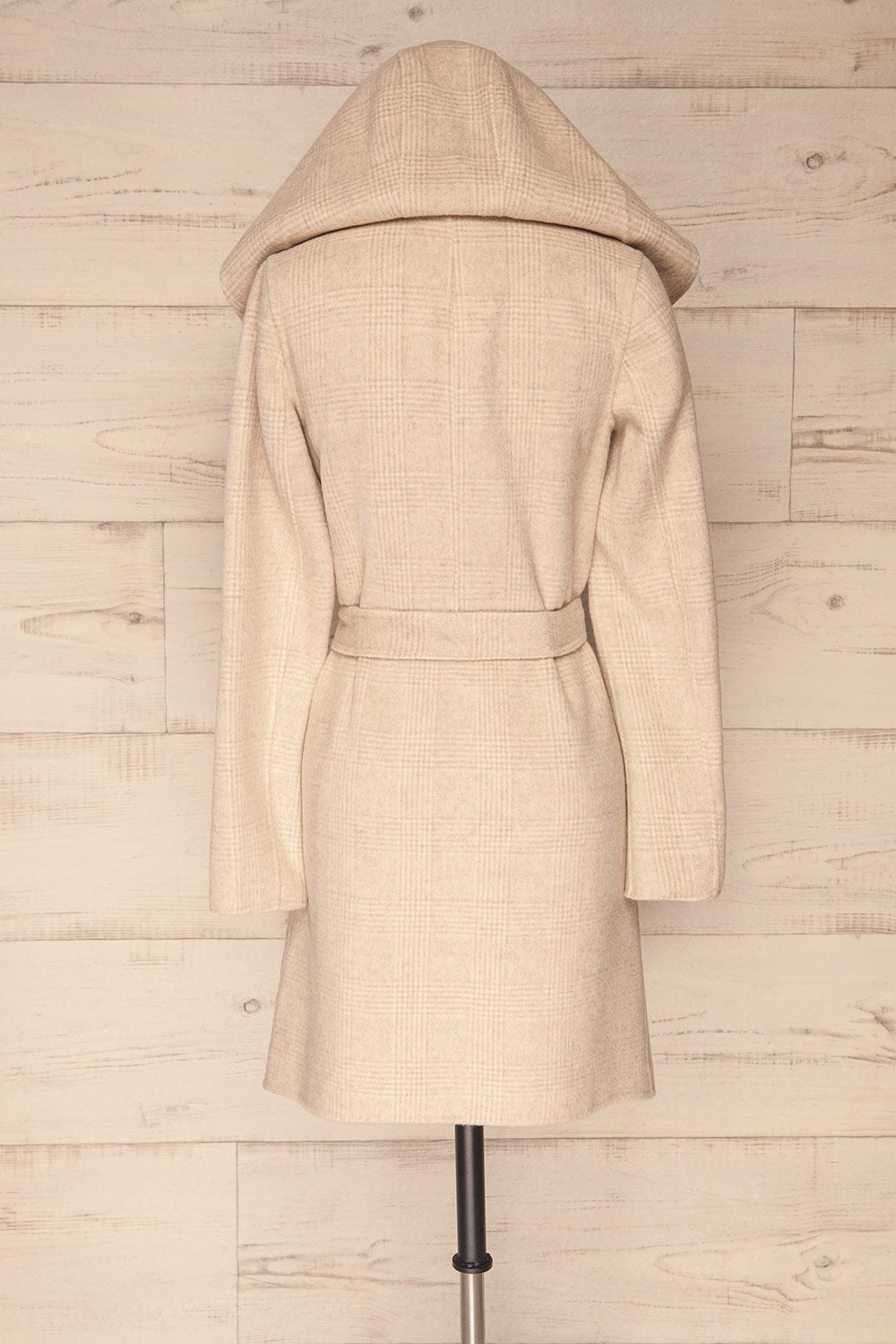 Samia Beige Checkered Felt Trench Coat | La Petite Garçonne back close-up hood