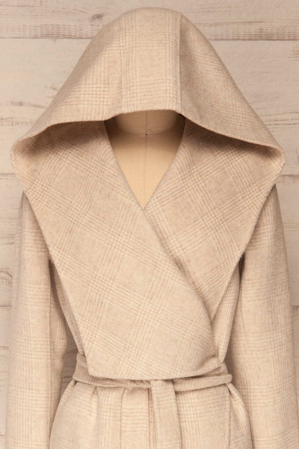 Samia Beige Checkered Felt Trench Coat | La Petite Garçonne front close-up hood
