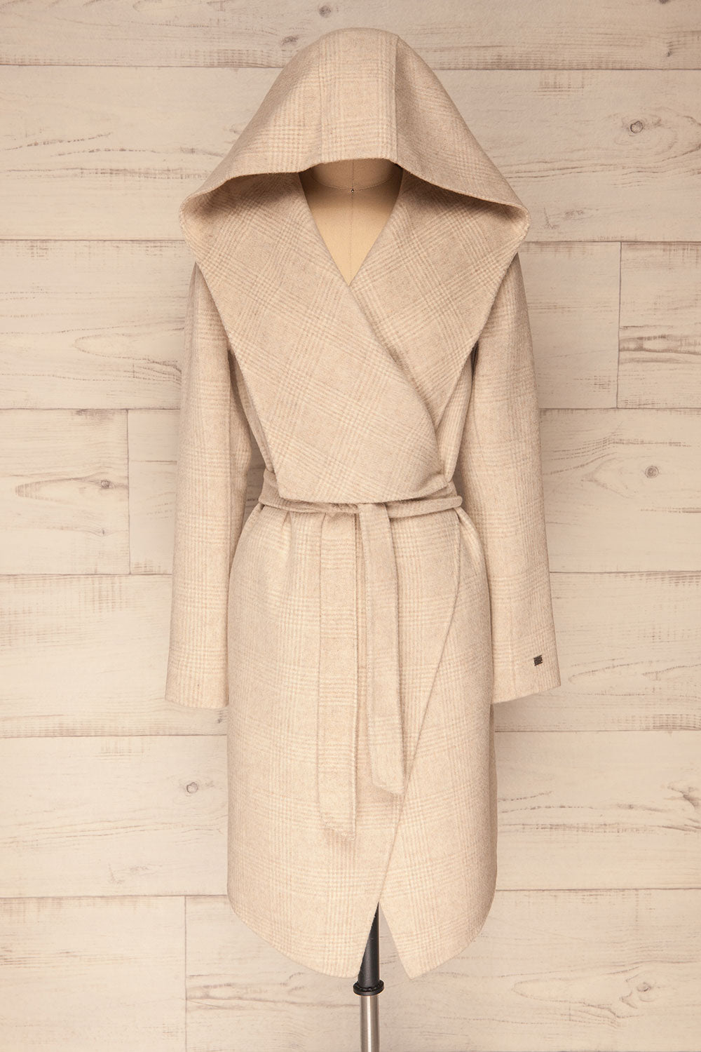 Samia Beige Checkered Felt Trench Coat | La Petite Garçonne front view hood