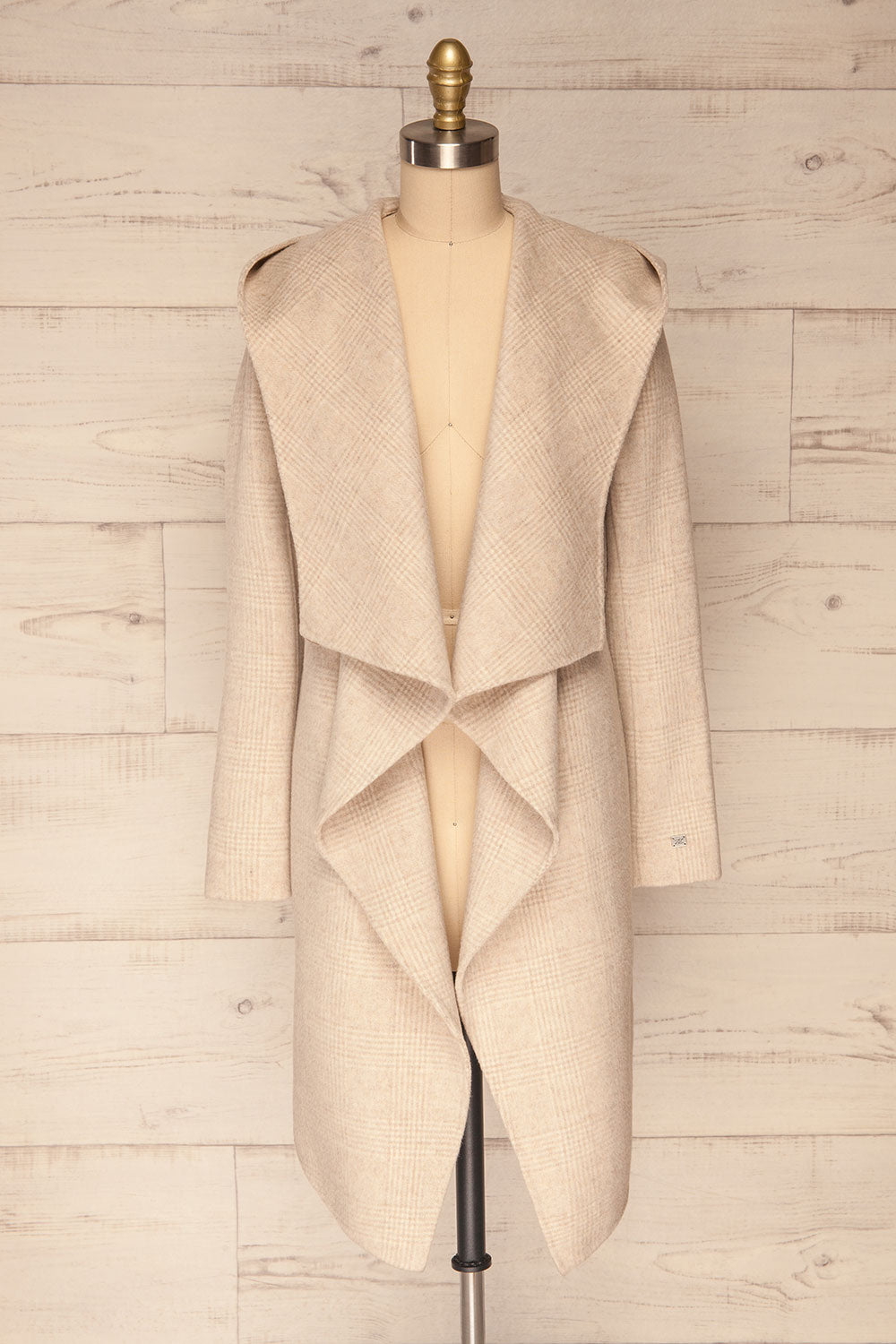 Samia Beige Checkered Felt Trench Coat | La Petite Garçonne front view open