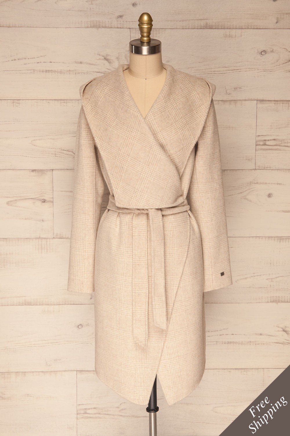 Samia Beige Checkered Felt Trench Coat | La Petite Garçonne front view