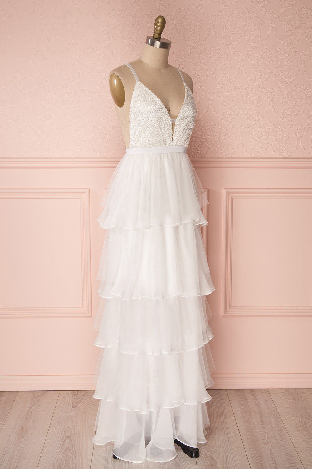 Sanetomi White Maxi Dress with Layered Chiffon Skirt | Boudoir 1861