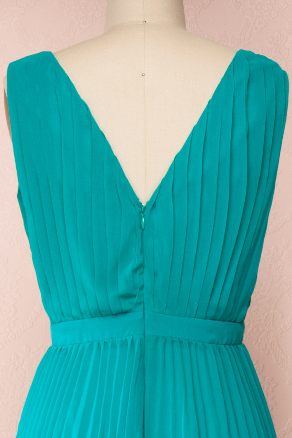 Segoleny Turquoise Pleated Wide Leg Jumpsuit | Boutique 1861 back close-up