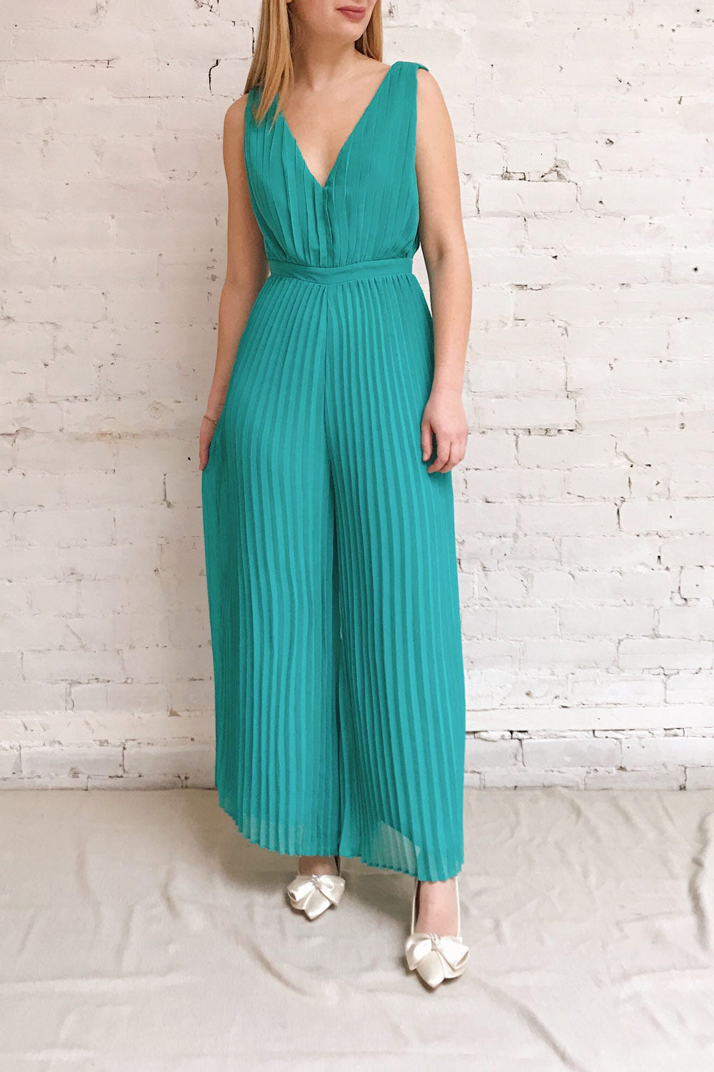 Segoleny Turquoise Pleated Wide Leg Jumpsuit | Boutique 1861 on model