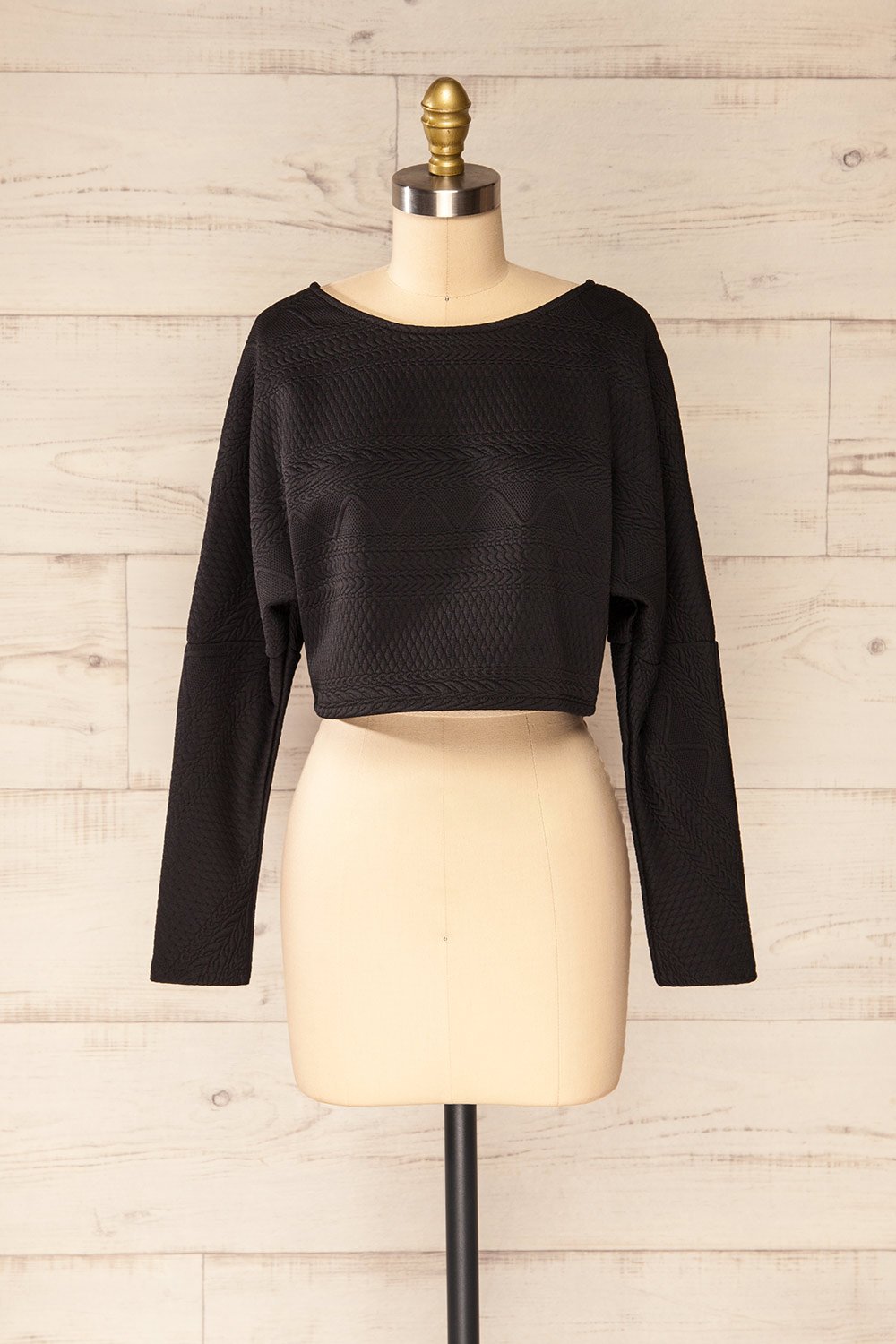 Ronda Black Textured Long Sleeve Crop Top | La petite garçonne plus