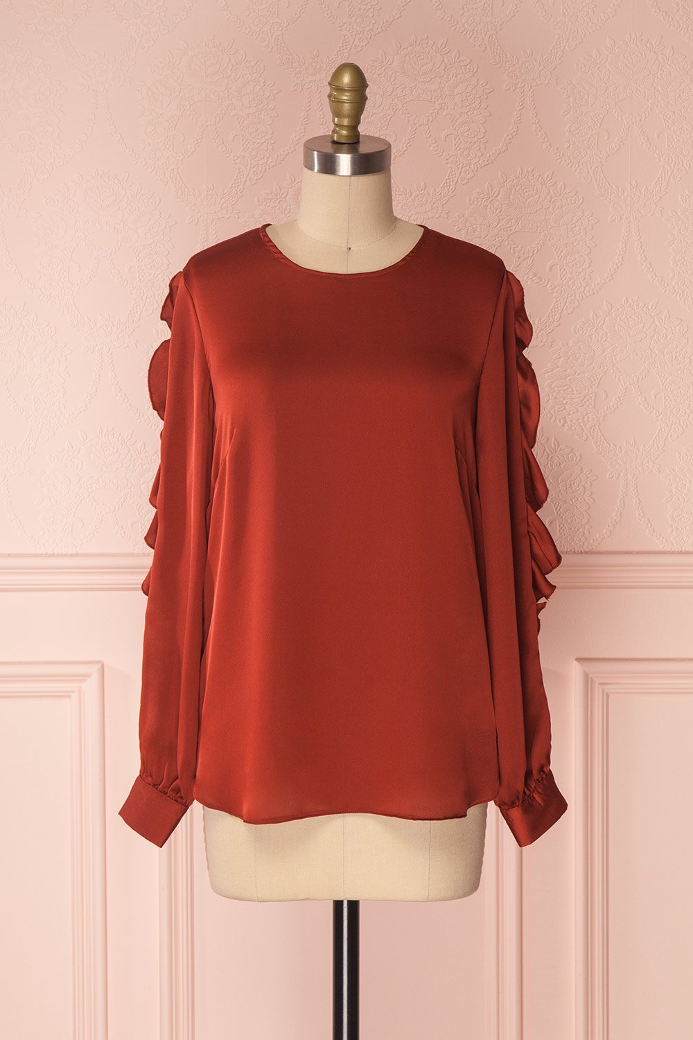 Shadey Red Ochre Silky Long Ruffled Sleeve Loose Top | Boutique 1861