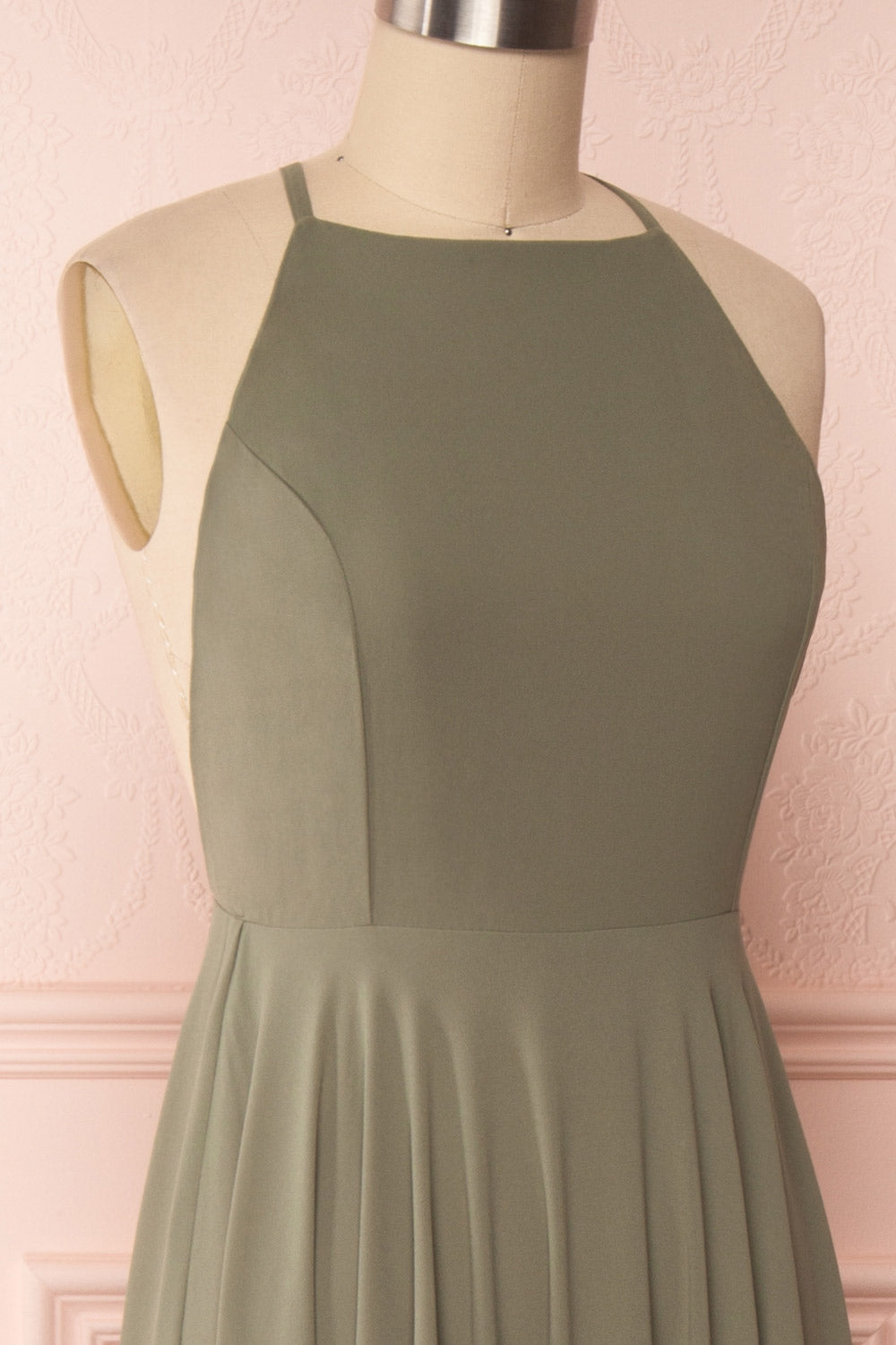 Shaynez Sage Green Empire A-Line Prom Dress side close up | Boutique 1861