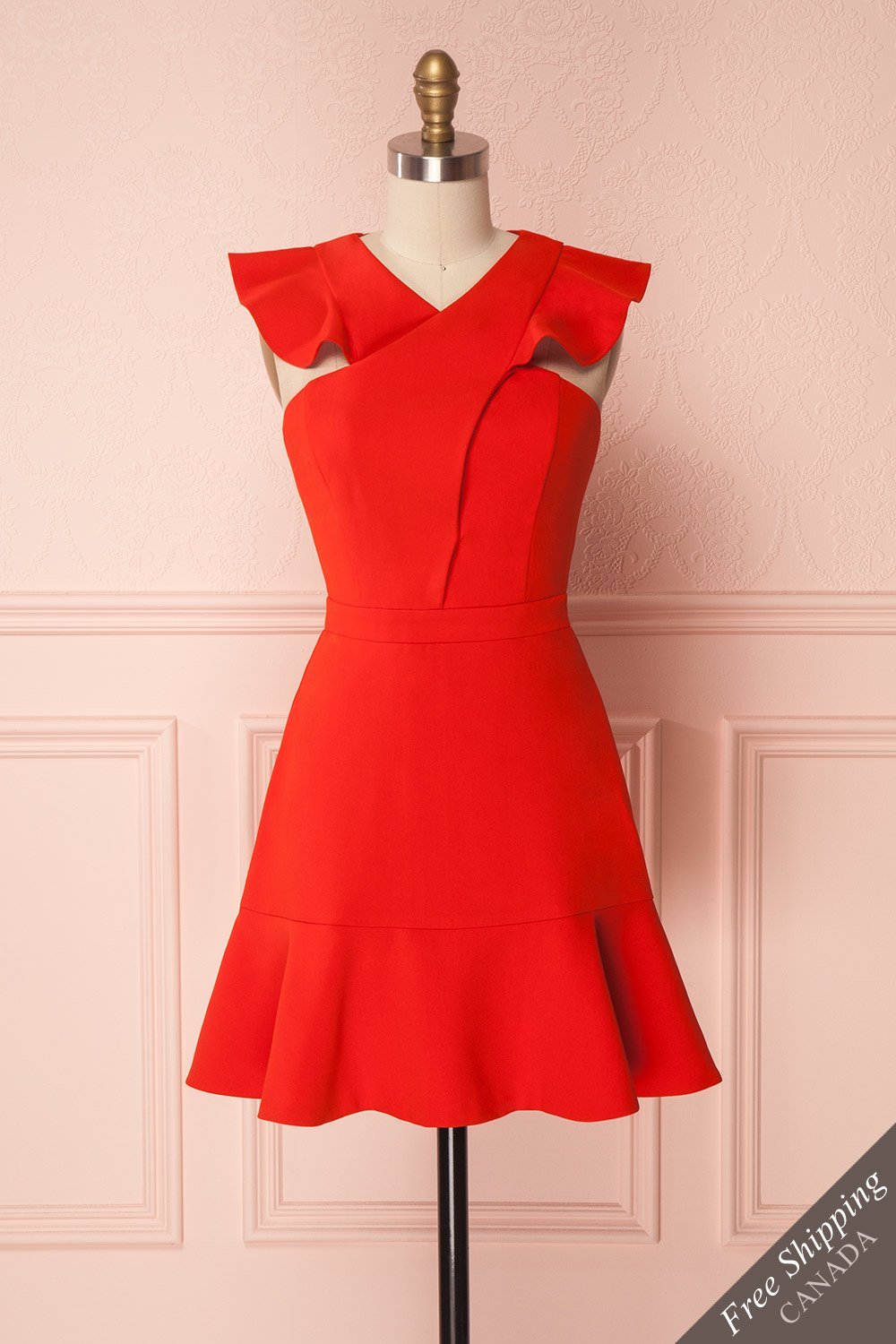 Shelsy Red Crossed Neckline Ruffled Cocktail Dress