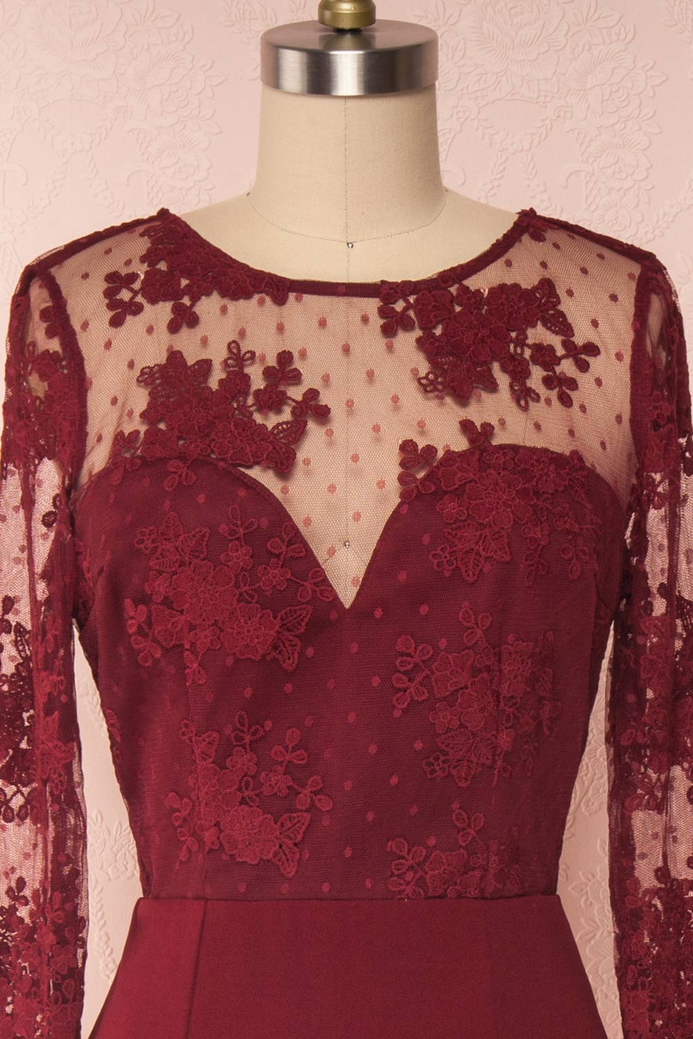 Shimi Burgundy Floral Embroidered Mermaid Gown face close up | Boudoir 1861