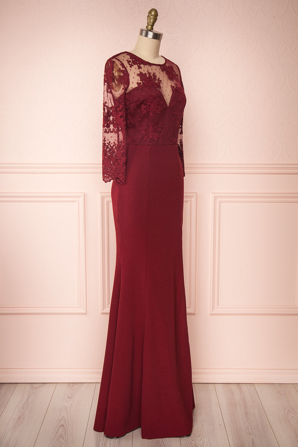 Shimi Burgundy Floral Embroidered Mermaid Gown side view | Boudoir 1861