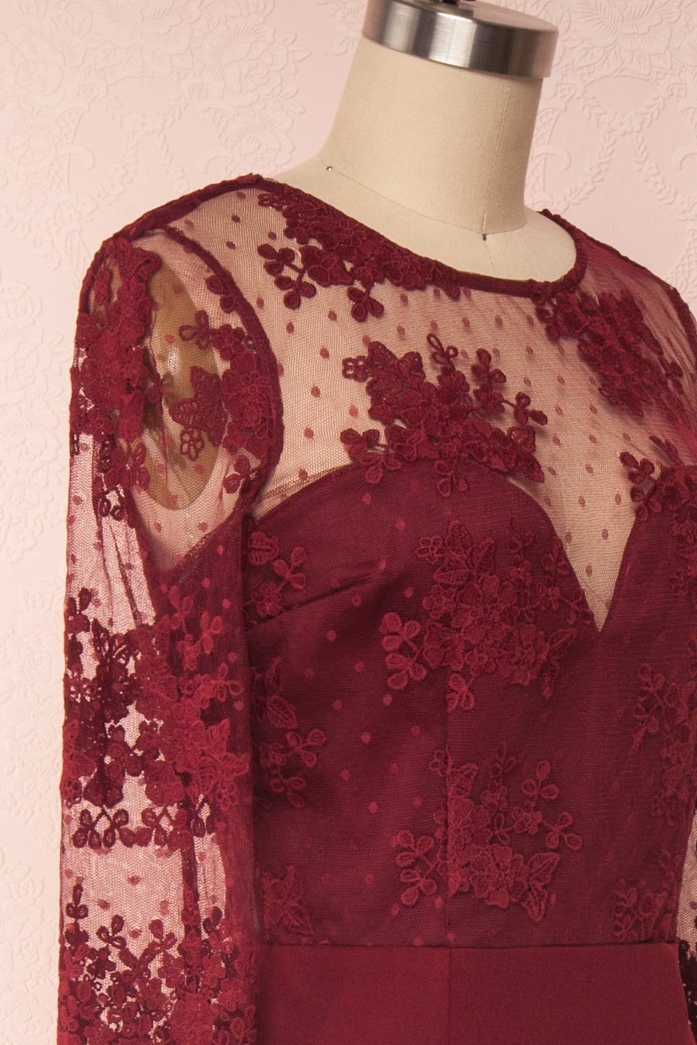 Shimi Burgundy Floral Embroidered Mermaid Gown side close up | Boudoir 1861