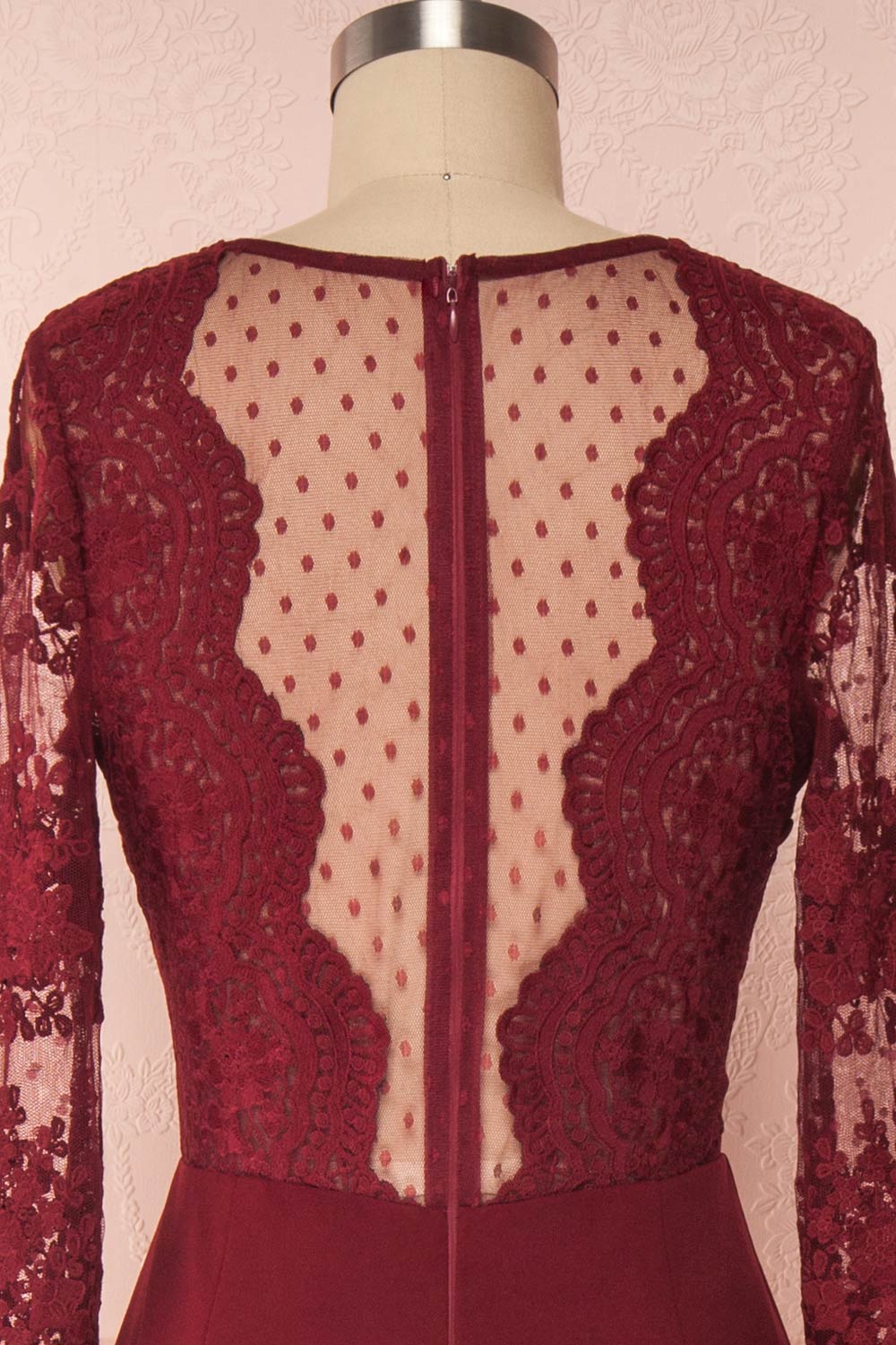 Shimi Burgundy Floral Embroidered Mermaid Gown back close up | Boudoir 1861