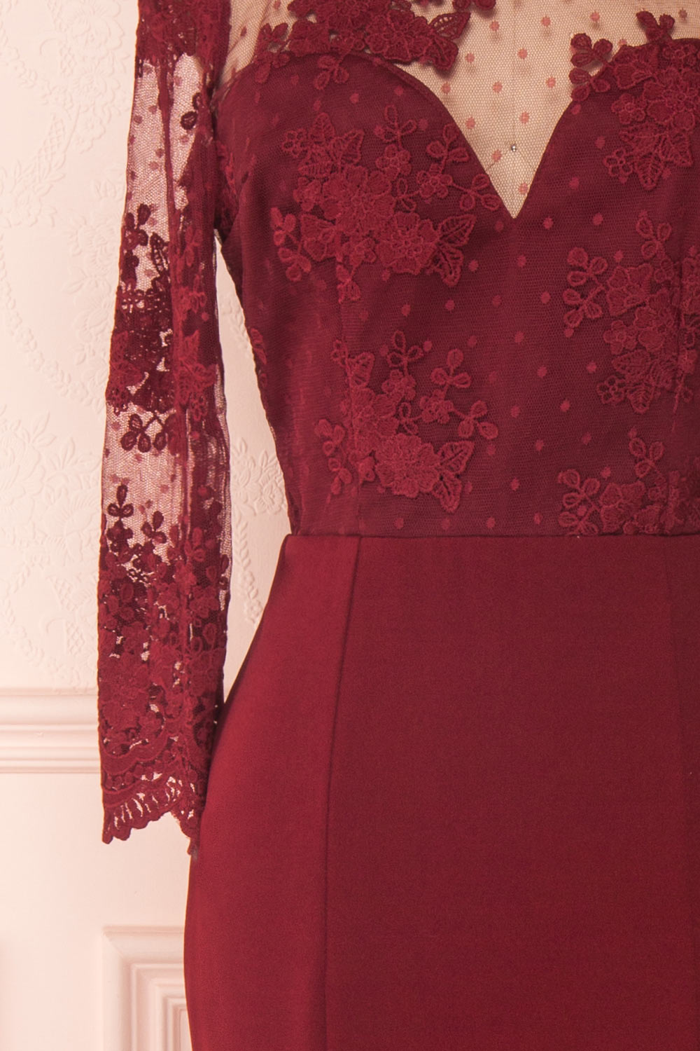 Shimi Burgundy Floral Embroidered Mermaid Gown sleeve close up | Boudoir 1861