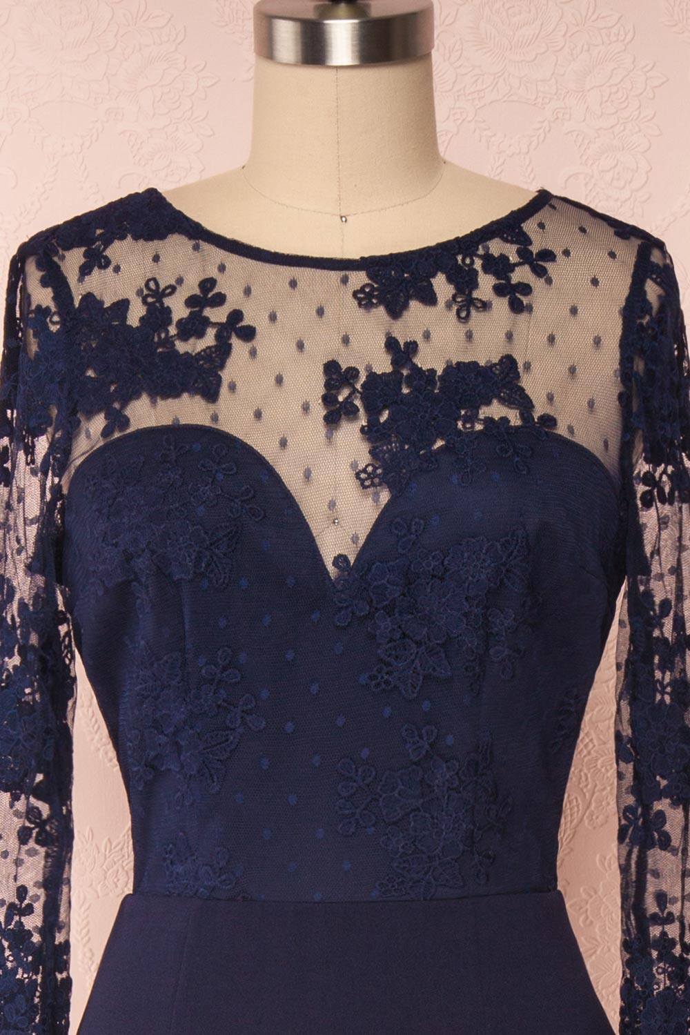 Shimi Navy Blue Floral Embroidered Mermaid Gown face close up | Boudoir 1861