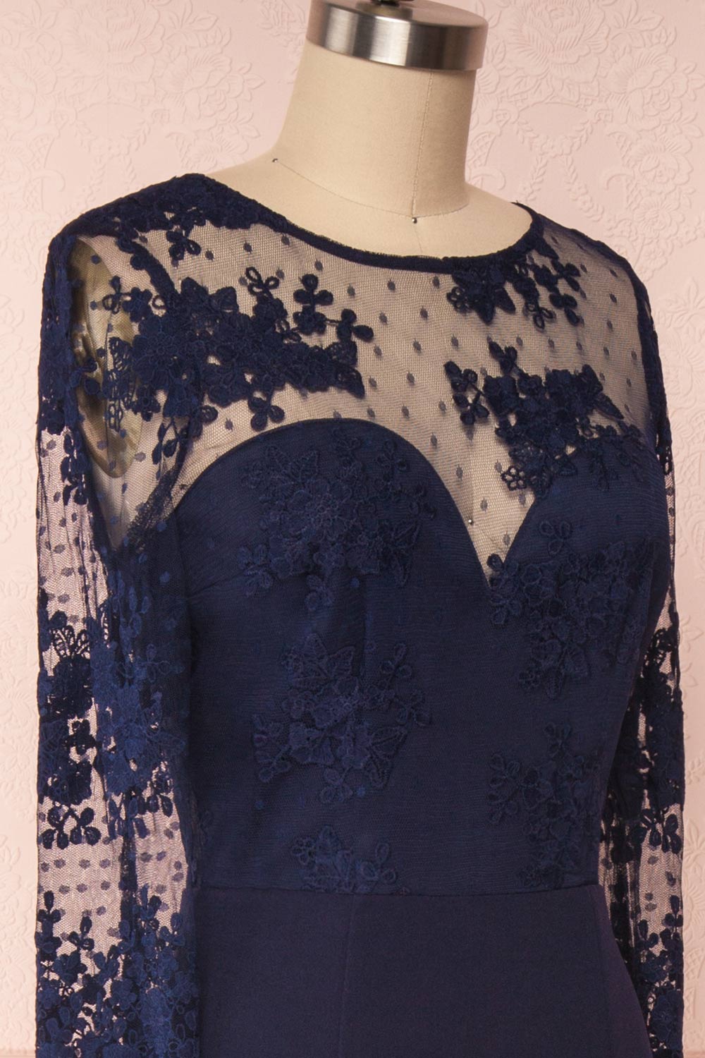 Shimi Navy Blue Floral Embroidered Mermaid Gownside close up | Boudoir 1861