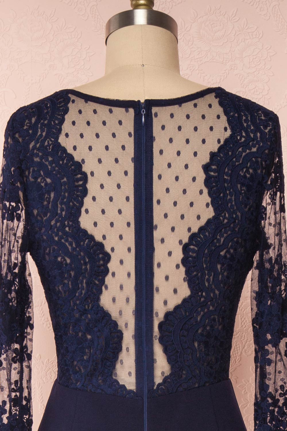 Shimi Navy Blue Floral Embroidered Mermaid Gown back close up | Boudoir 1861