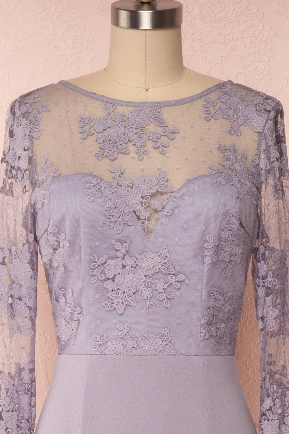 Shimi Grey Floral Embroidered Mermaid Gown face close up | Boudoir 1861