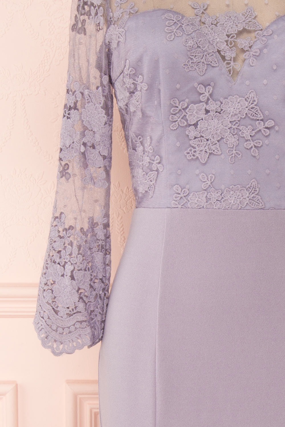 Shimi Navy Blue Floral Embroidered Mermaid Gown sleeve close up | Boudoir 1861