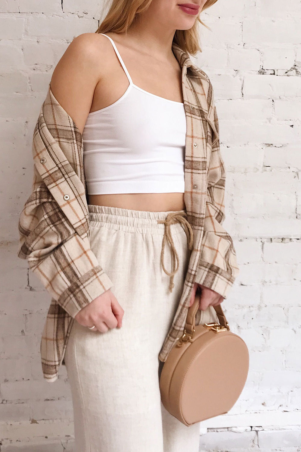 Veere Beige Cropped Cami w/ Thin Straps | La petite garçonne on model