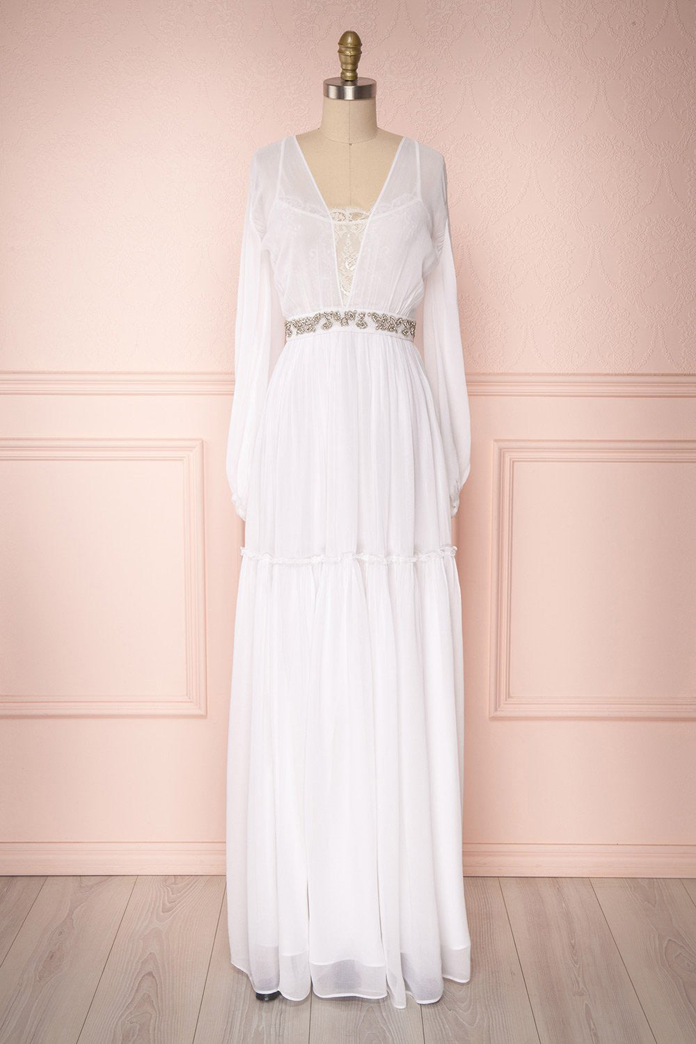 Shobara White Chiffon A-Line Maxi Dress | Boudoir 1861 front view