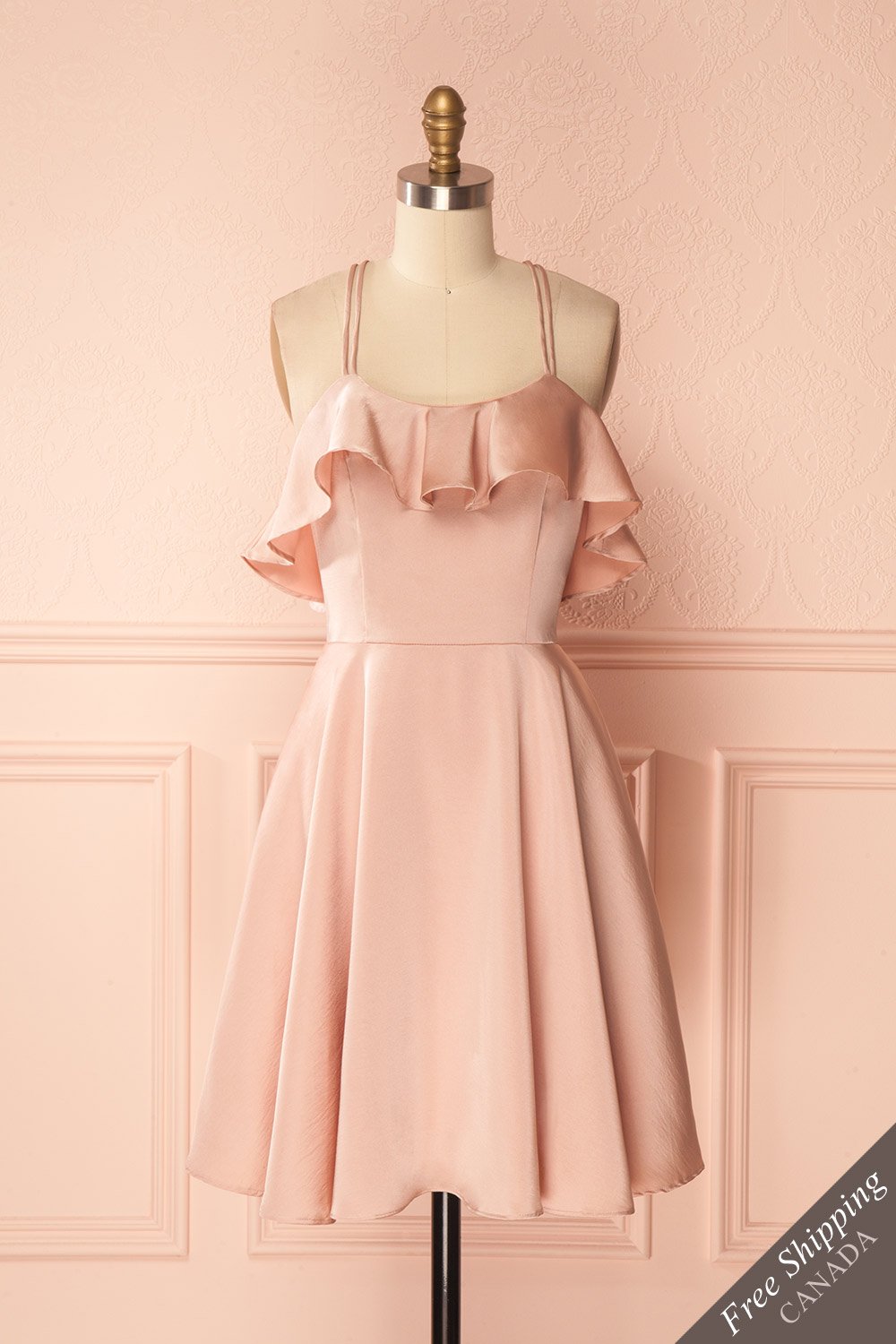 Shonda Blush Satin Dress with Ruffle Neckline | Boutique 1861