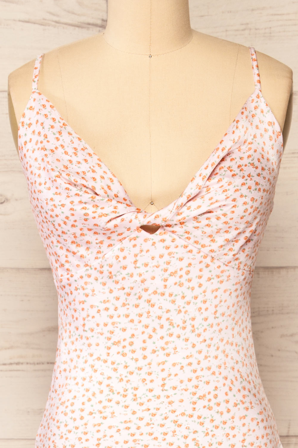 Sigtu Pink Floral Satin Dress w/ Thin Straps | La petite garçonne front close-up