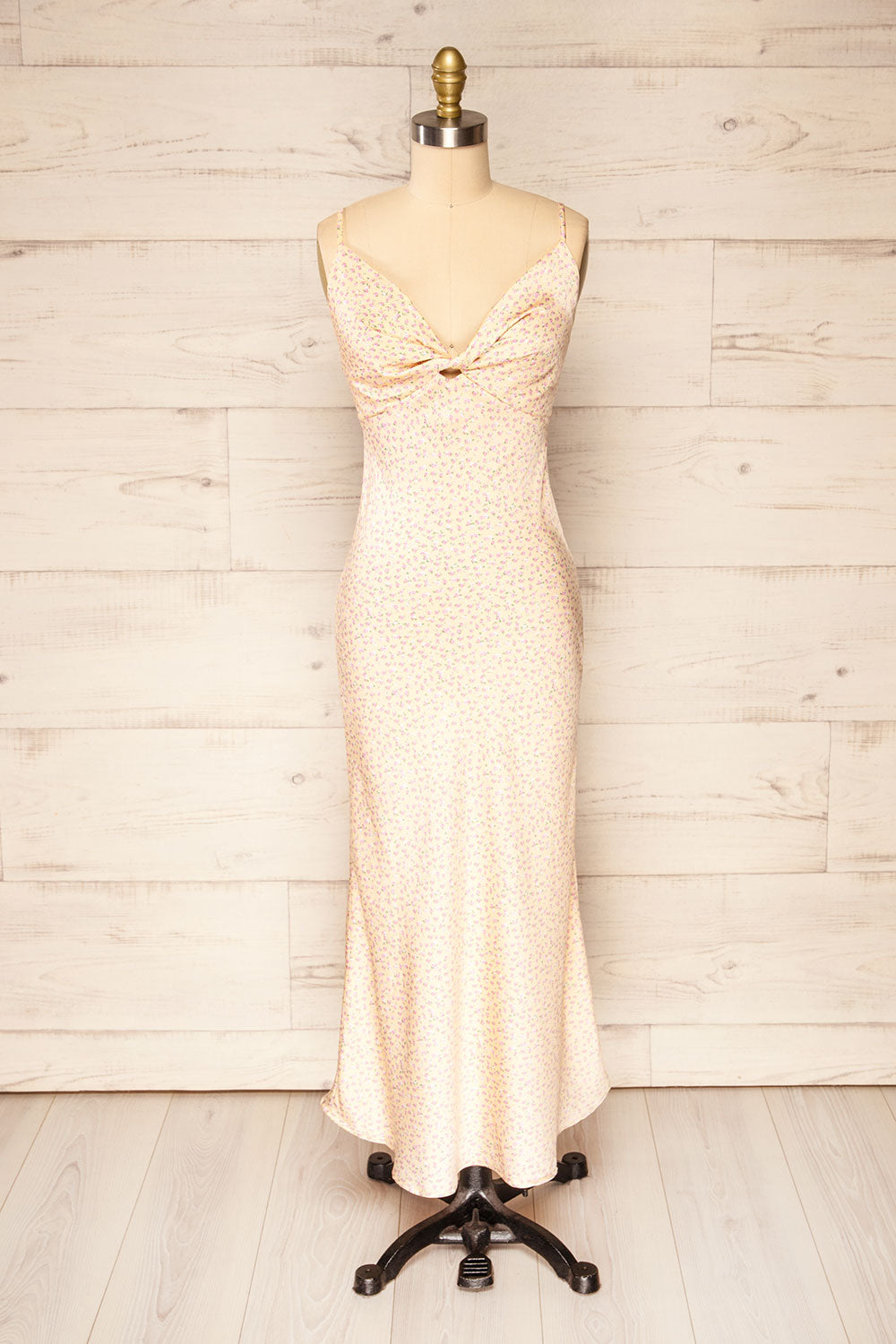 Sigtu Yellow Floral Satin Dress w/ Thin Straps | La petite garçonne front view