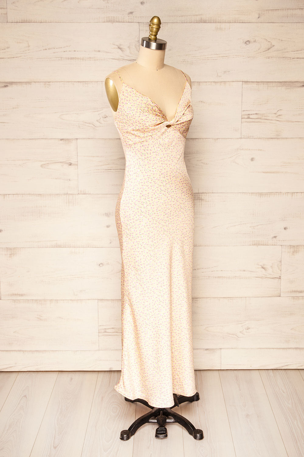 Sigtu Yellow Floral Satin Dress w/ Thin Straps | La petite garçonne side view