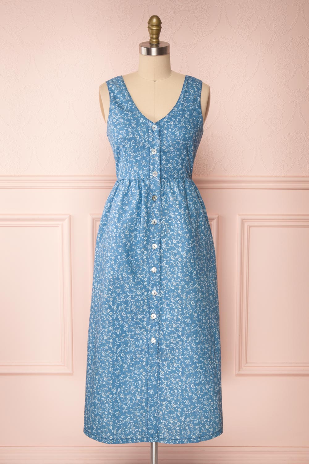 Sihem Blue Patterned Midi Dress w/ Pockets | Boutique 1861