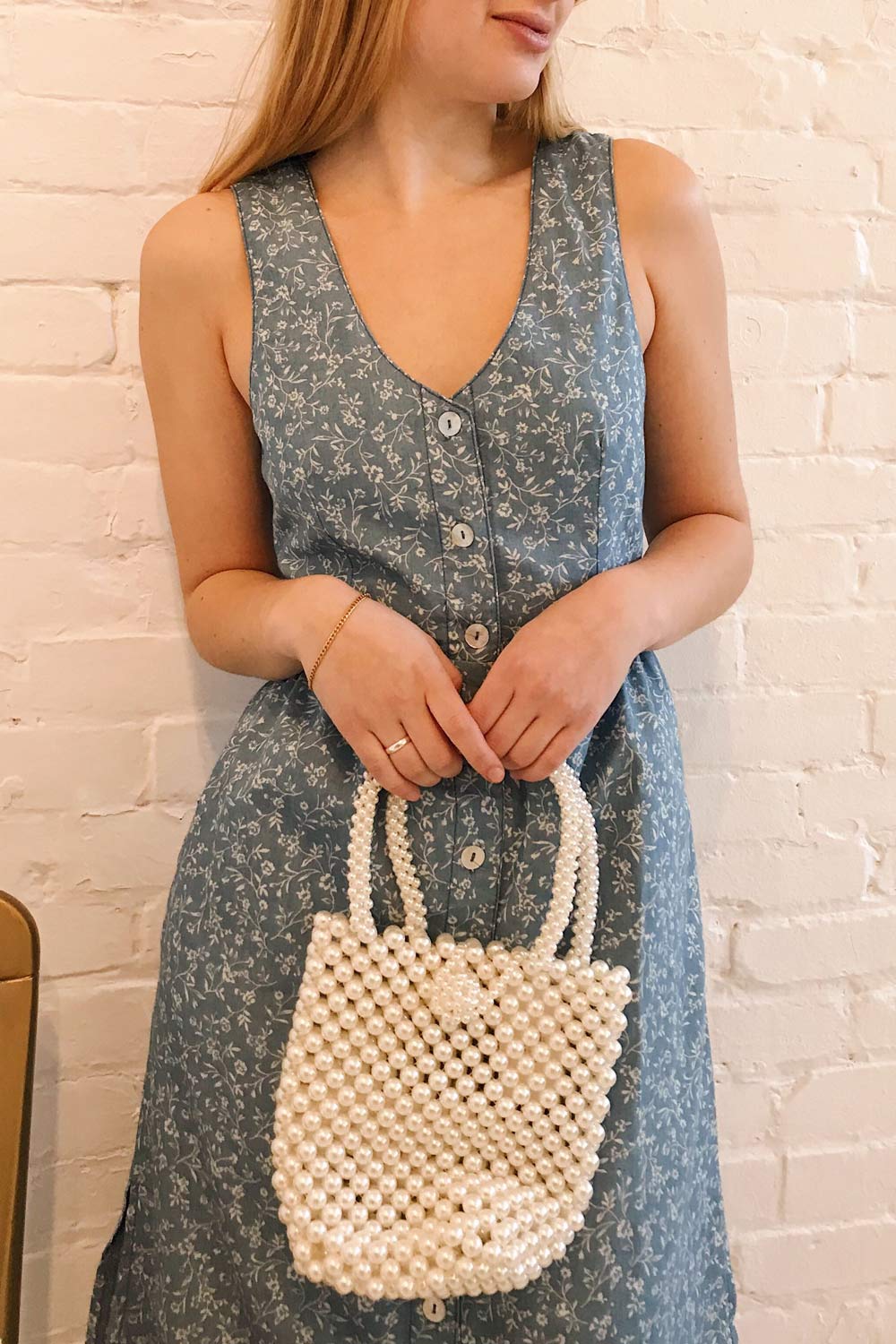 Sihem Blue Patterned Midi Dress w/ Pockets | Boutique 1861 model close up