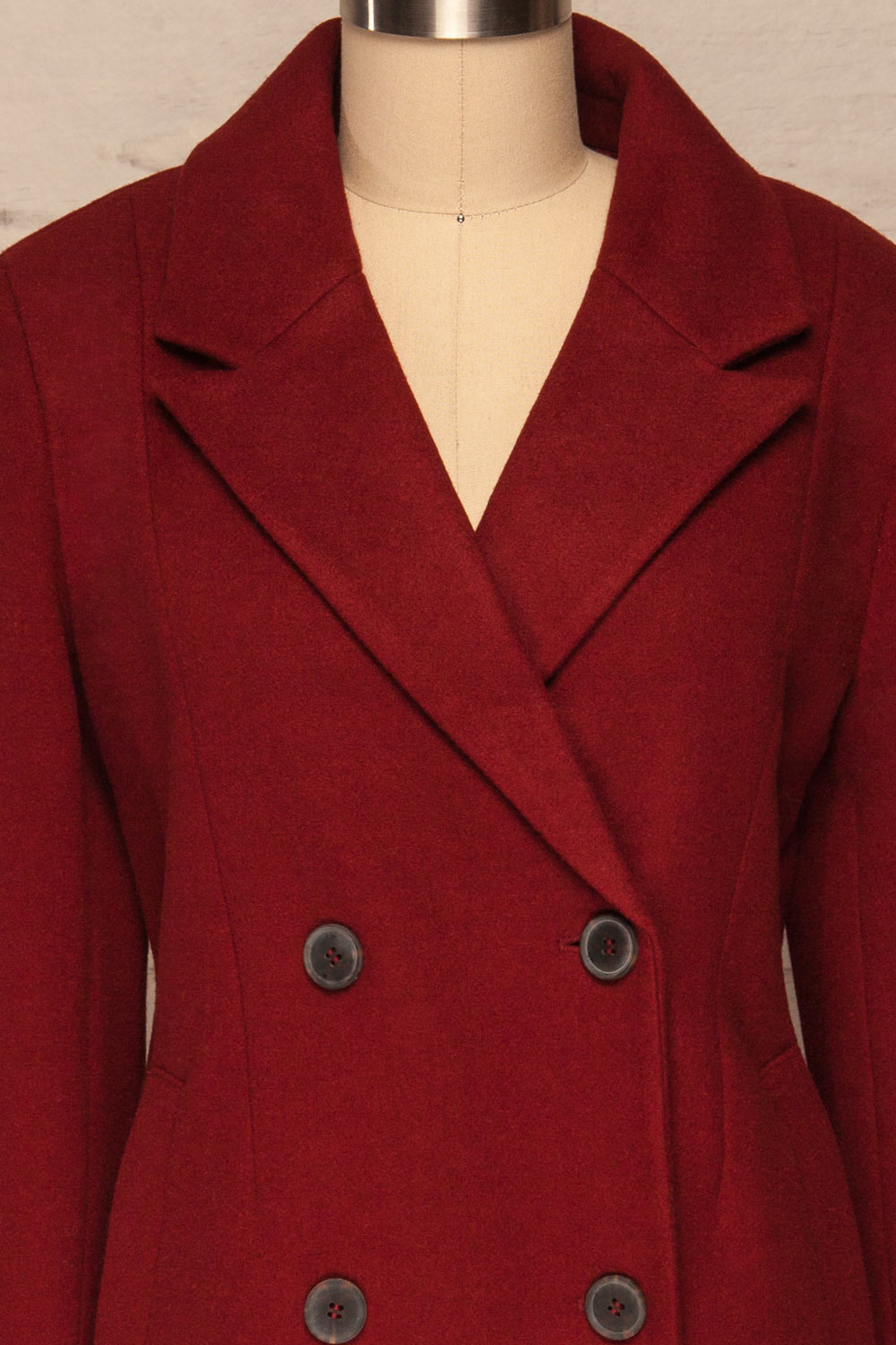 Silkeborg Burgundy Double Breasted Felt Coat | La Petite Garçonne front close-up