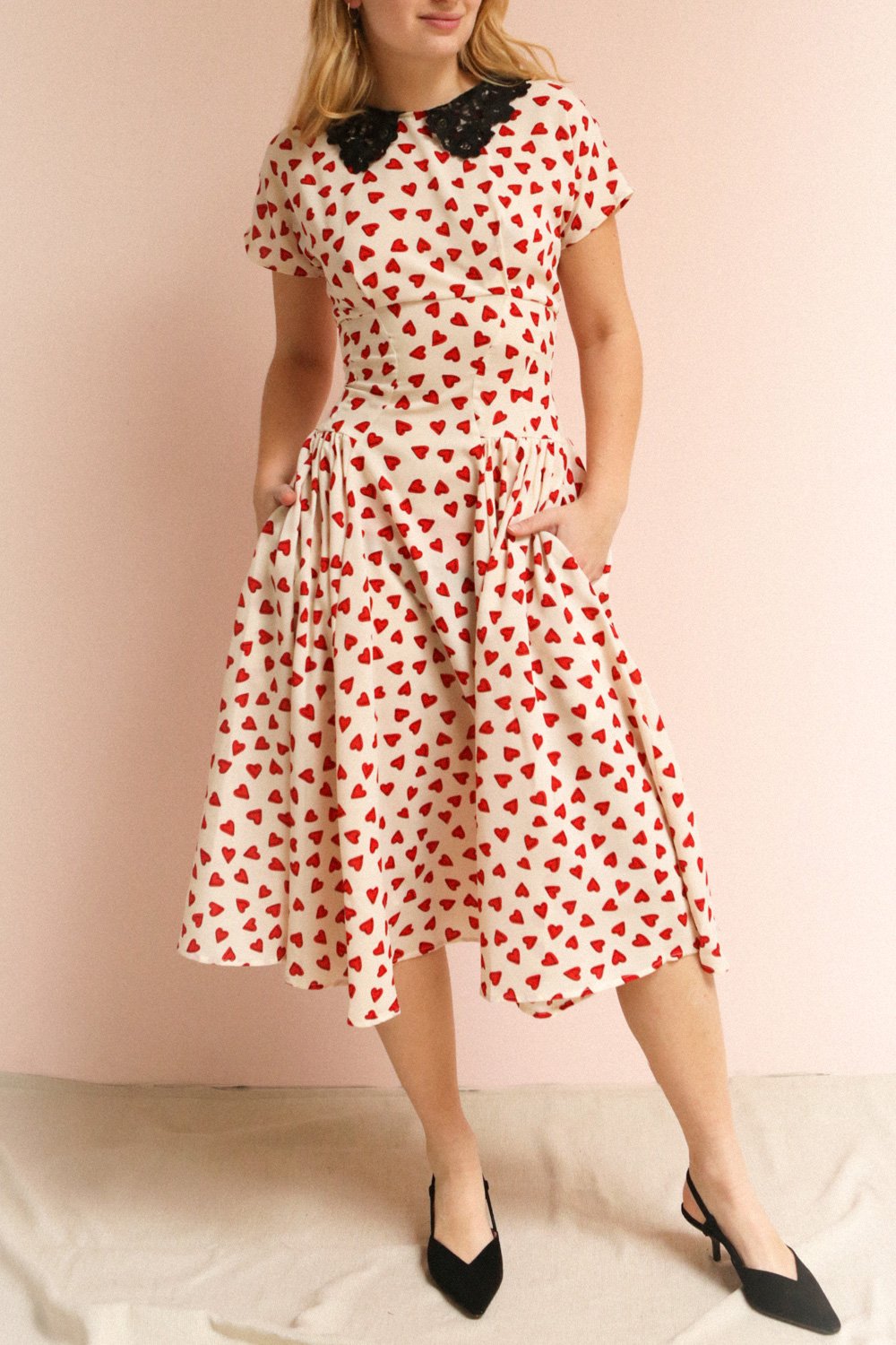 Simonette Ivory Red Heart Pattern Midi Dress | Boutique 1861 on model