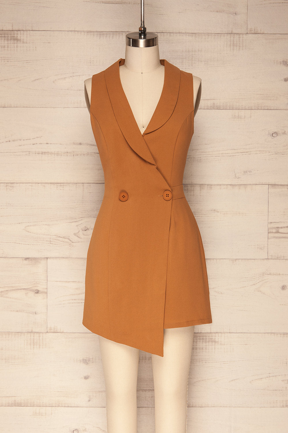 Skirling Camel Romper with Tailor Collar | La Petite Garçonne front view