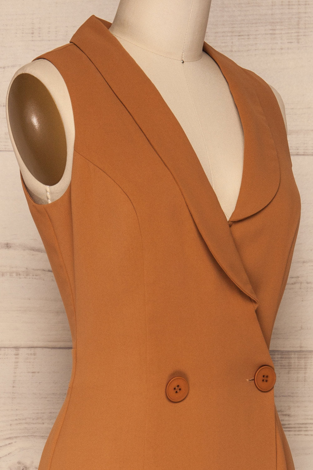 Skirling Camel Romper with Tailor Collar | La Petite Garçonne side close-up