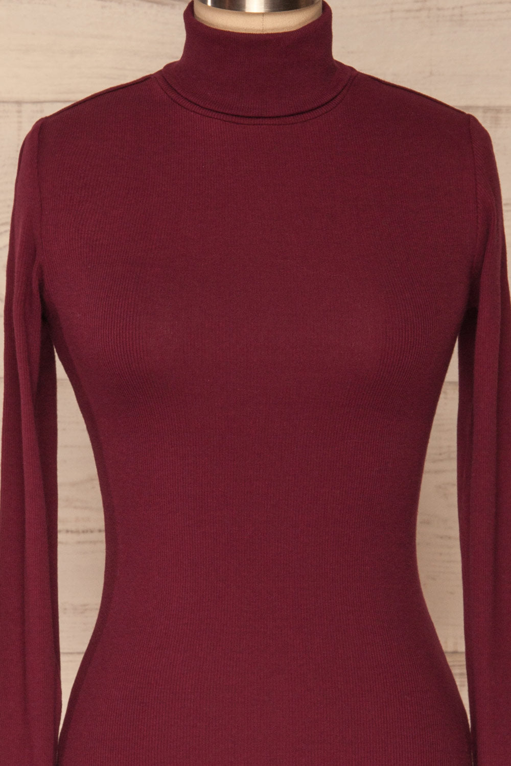 Sliema Burgundy Turtleneck Ribbed Knit Top | La Petite Garçonne front close-up
