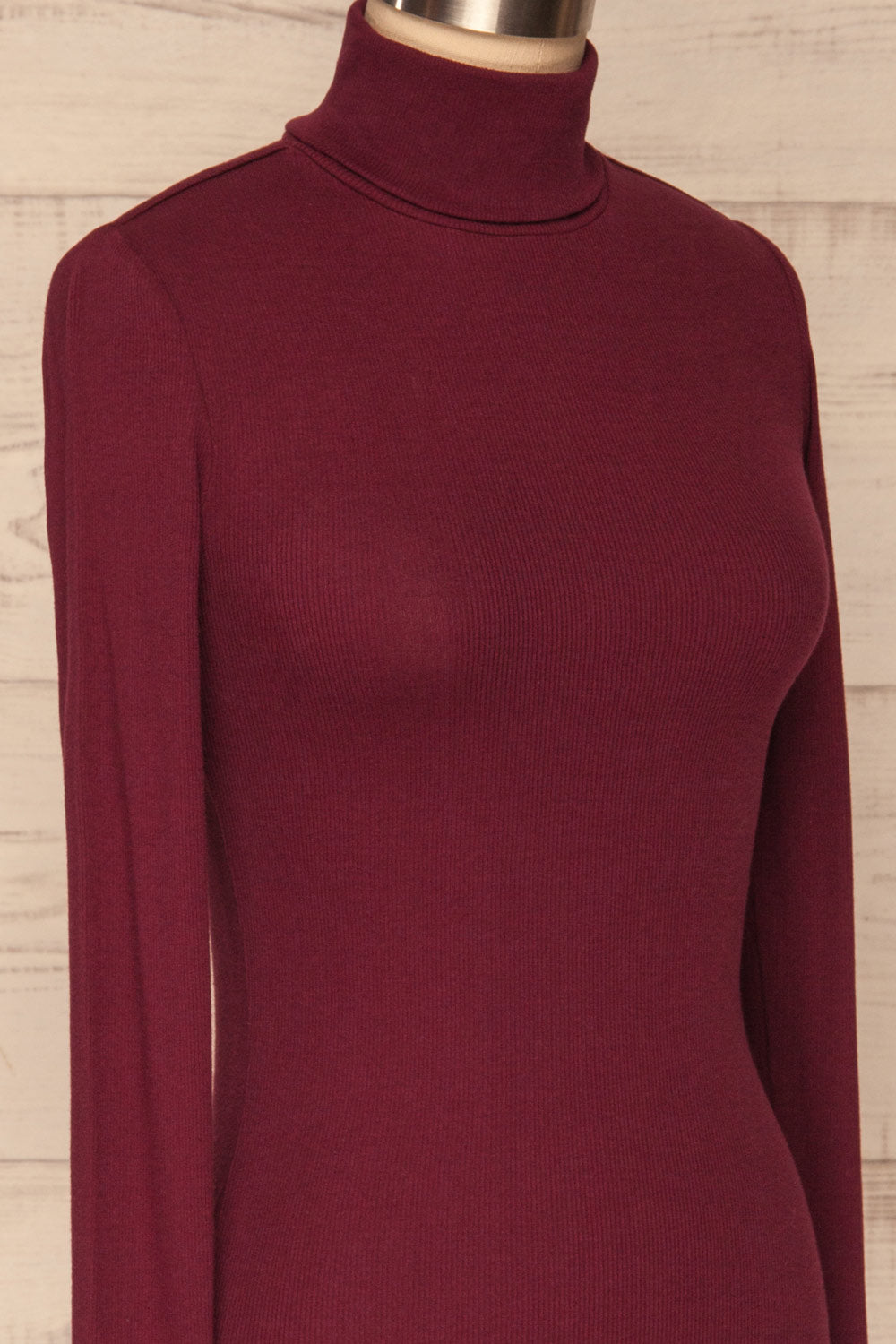 Sliema Burgundy Turtleneck Ribbed Knit Top | La Petite Garçonne side close-up