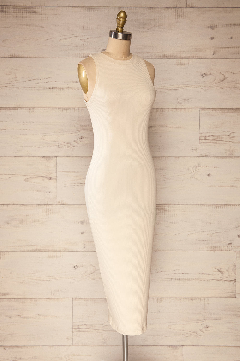 Sofia Beige Ribbed Sleeveless Midi Dress | La petite garçonne side view