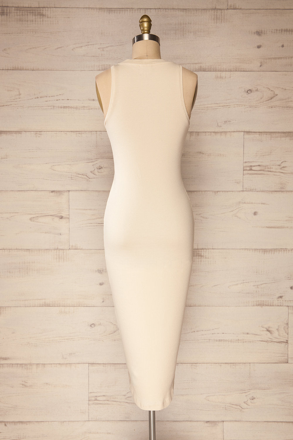 Sofia Beige Ribbed Sleeveless Midi Dress | La petite garçonne back view