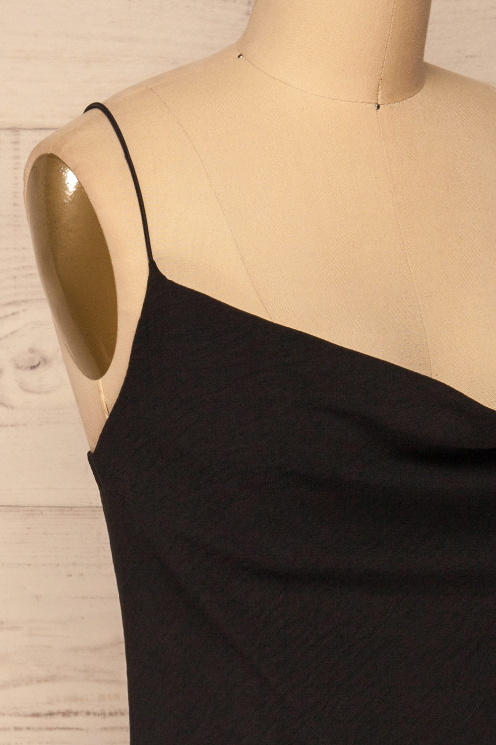 Solin Black Cowl Neck Tank Top | La petite garçonne side close-up