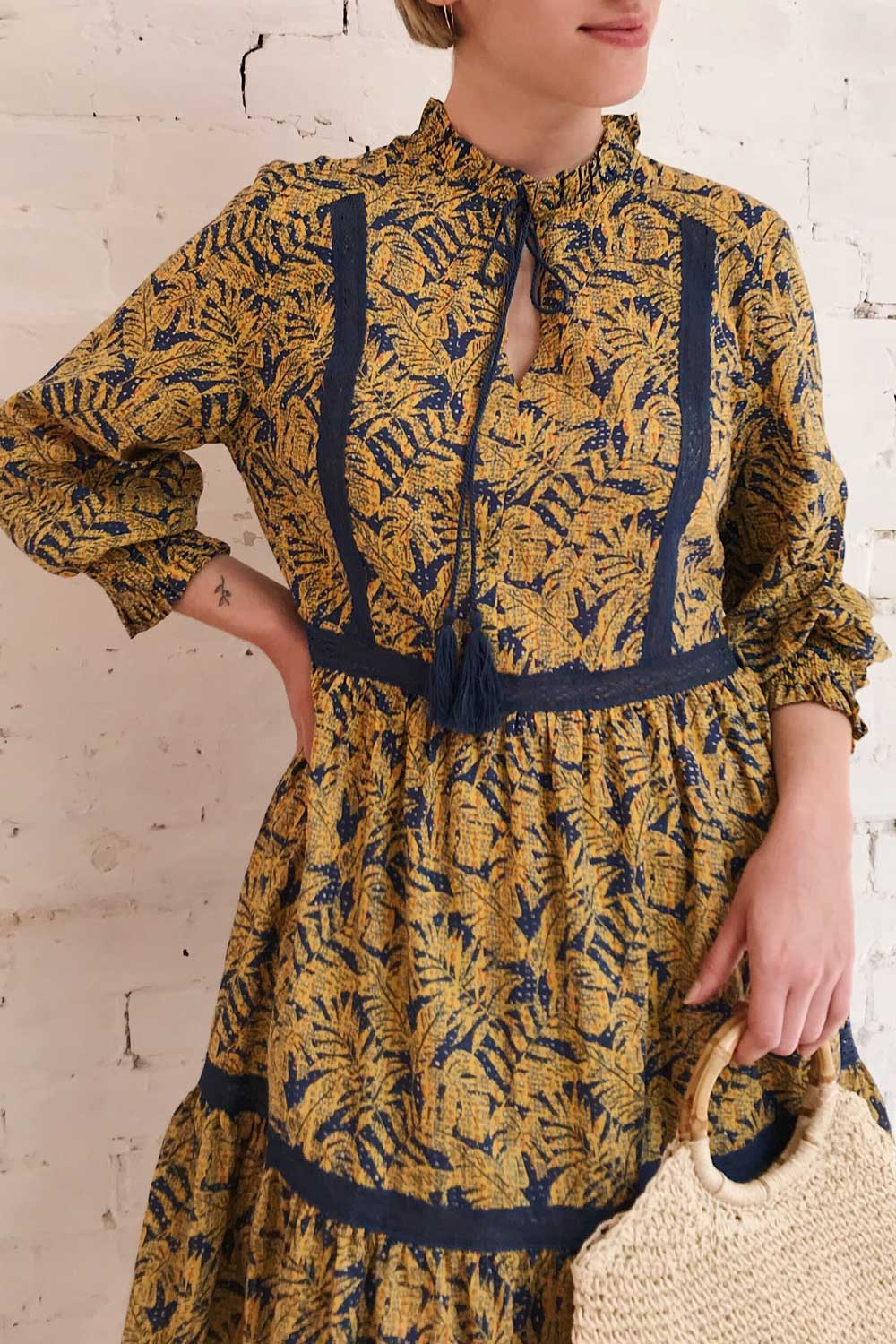 Sophronia Yellow & Blue Summer Short Dress | Boutique 1861 on model