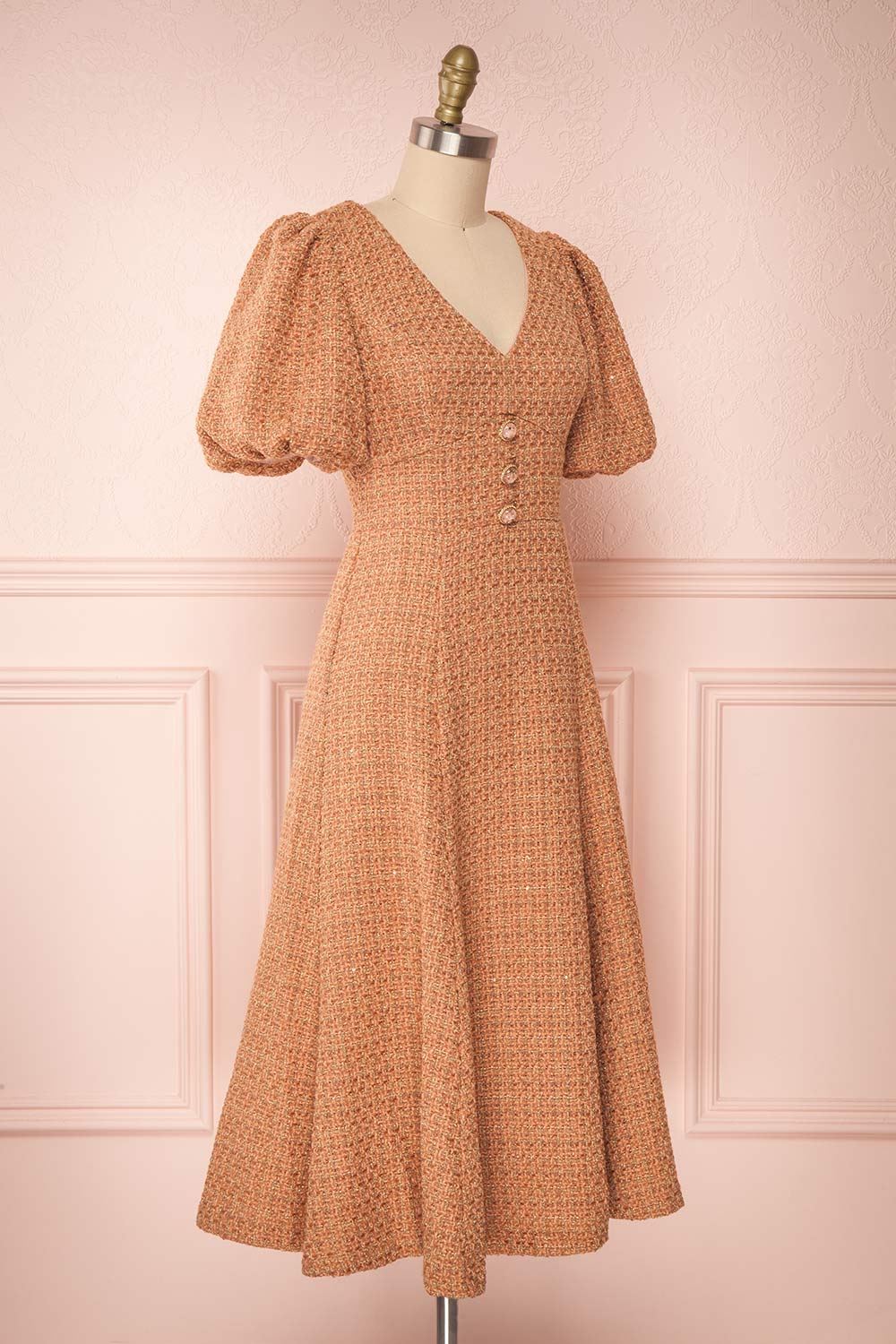 Stephim Salmon & Gold Tweed A-Line Midi Dress | Boutique 1861 side view