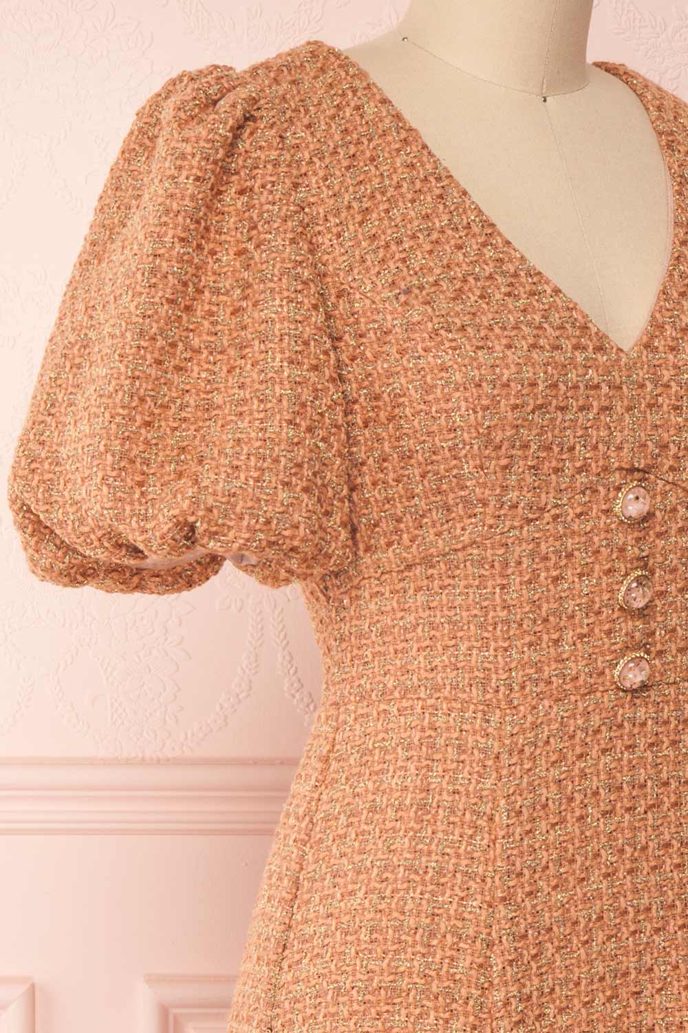 Stephim Salmon & Gold Tweed A-Line Midi Dress | Boutique 1861 side close-up