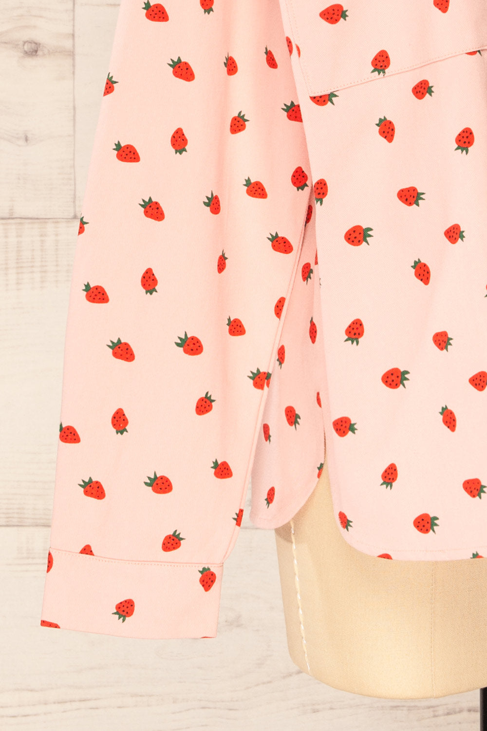 Strawberries Oversized Patterned Denim Shirt | La petite garçonne bottom close-up