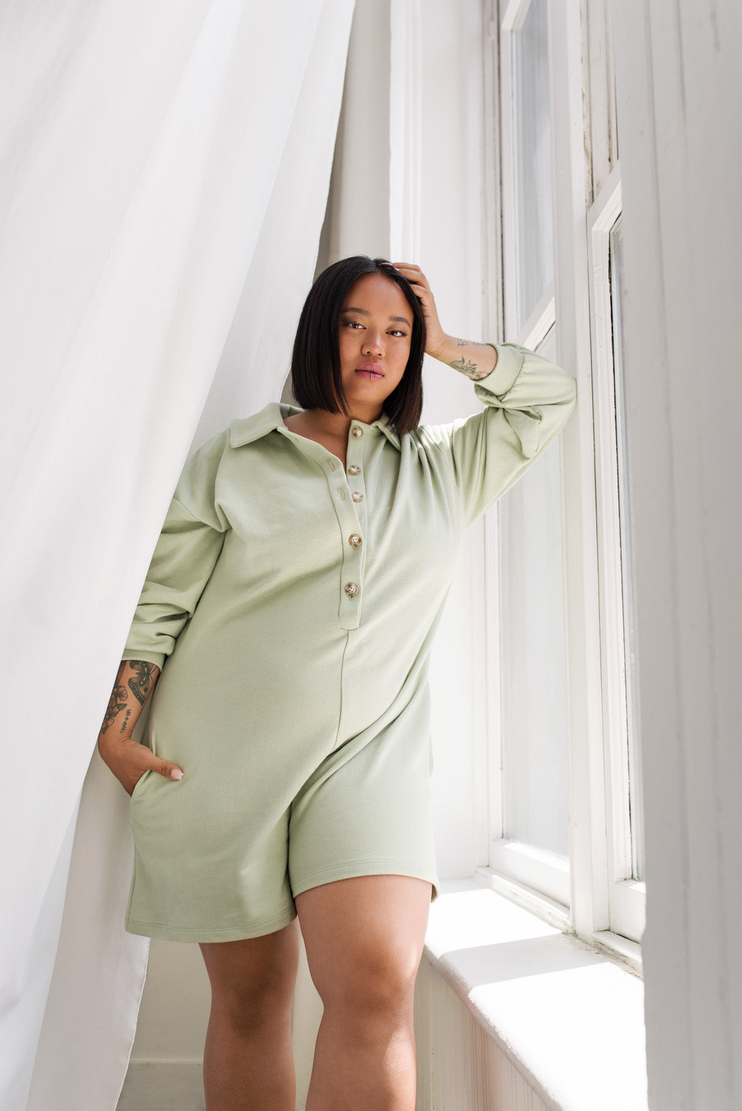 River Matcha Green Long Sleeve Polo Romper | La petite garçonne model